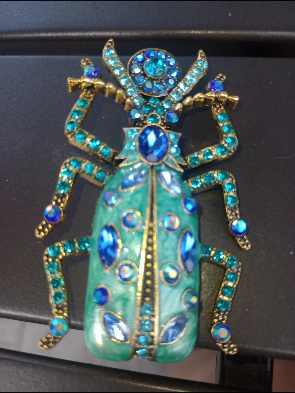 Teal And Blue Crystal Scarab Brooch